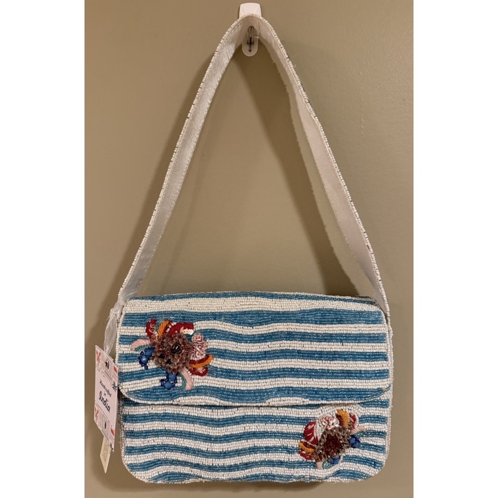 BRAND NEW RELEASE Made In India Viral Beaded Blue White‎ Striped Crab Bag NWT